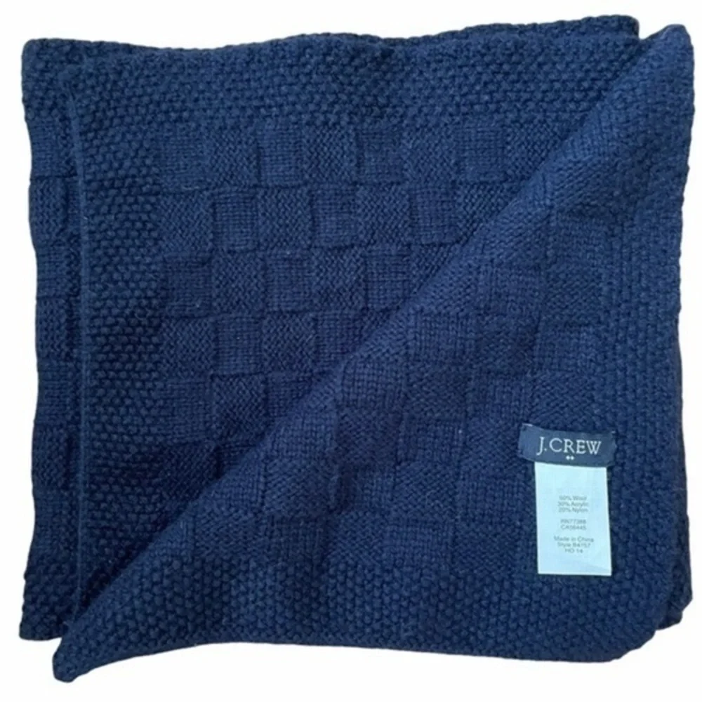J Crew Navy Blue Wool Blend Checkered Weave Unisex Muffler Scarf